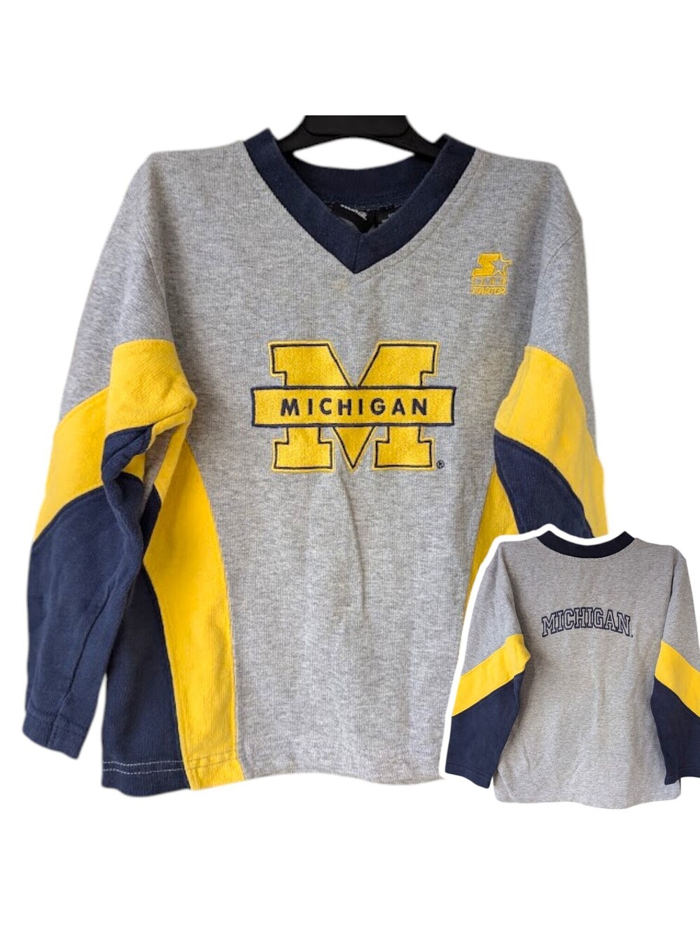 Vintage Starter Kids 7 Michigan Wolverines V-Neck Sweatshirt Colorblock 16x19